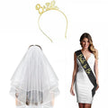Bride to Be Hen Party Set with Veil, Headband and Sash - Plain White Veil, Gold Headband, Black Sash