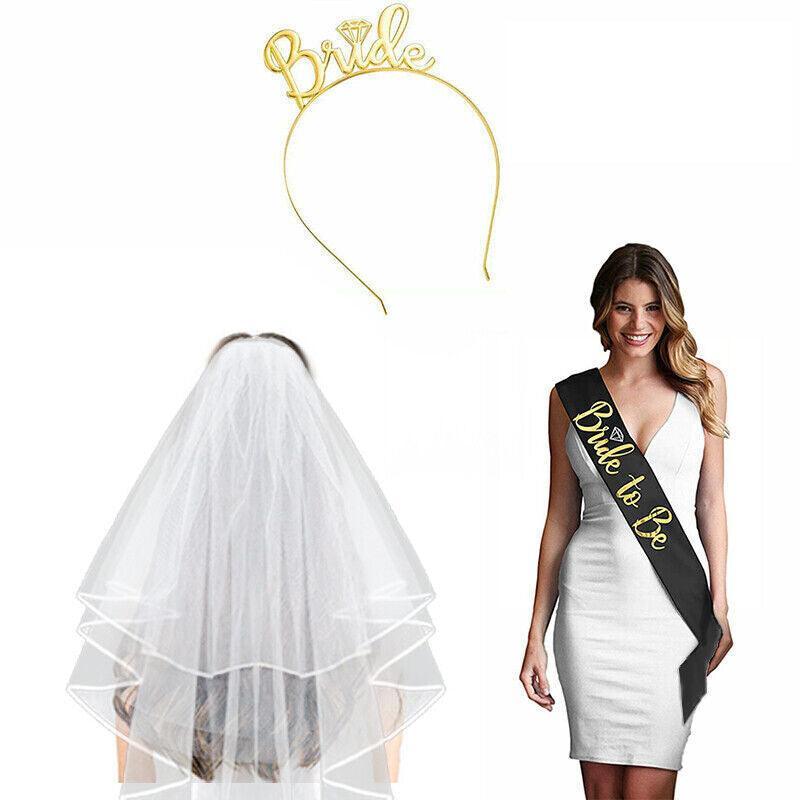 Bride to Be Hen Party Set with Veil, Headband and Sash - Plain White Veil, Gold Headband, Black Sash