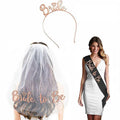 Bride to Be Hen Party Set with Veil, Headband and Sash - Rose Gold Lettering, Black Sash