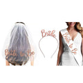 Bride to Be Hen Party Set with Veil, Headband and Sash - Rose Gold Lettering, White Sash