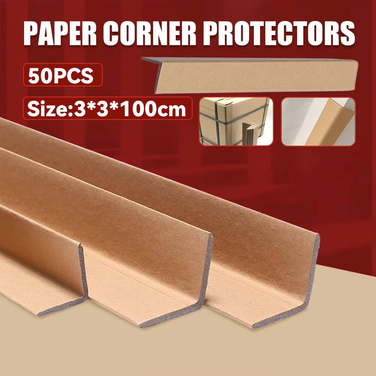 Brown Kraft Paper Corner Protector Set of 50 for Shipping, 100 cm Long