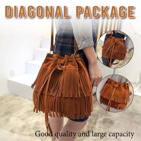 Brown Velvet Tassel Drawstring Crossbody Bag for Women