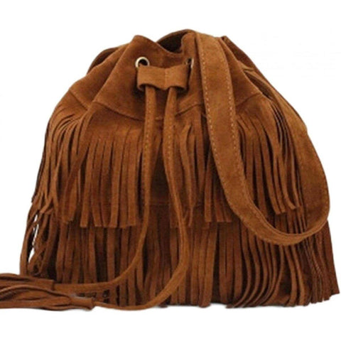 Brown Velvet Tassel Drawstring Crossbody Bag for Women - view 2
