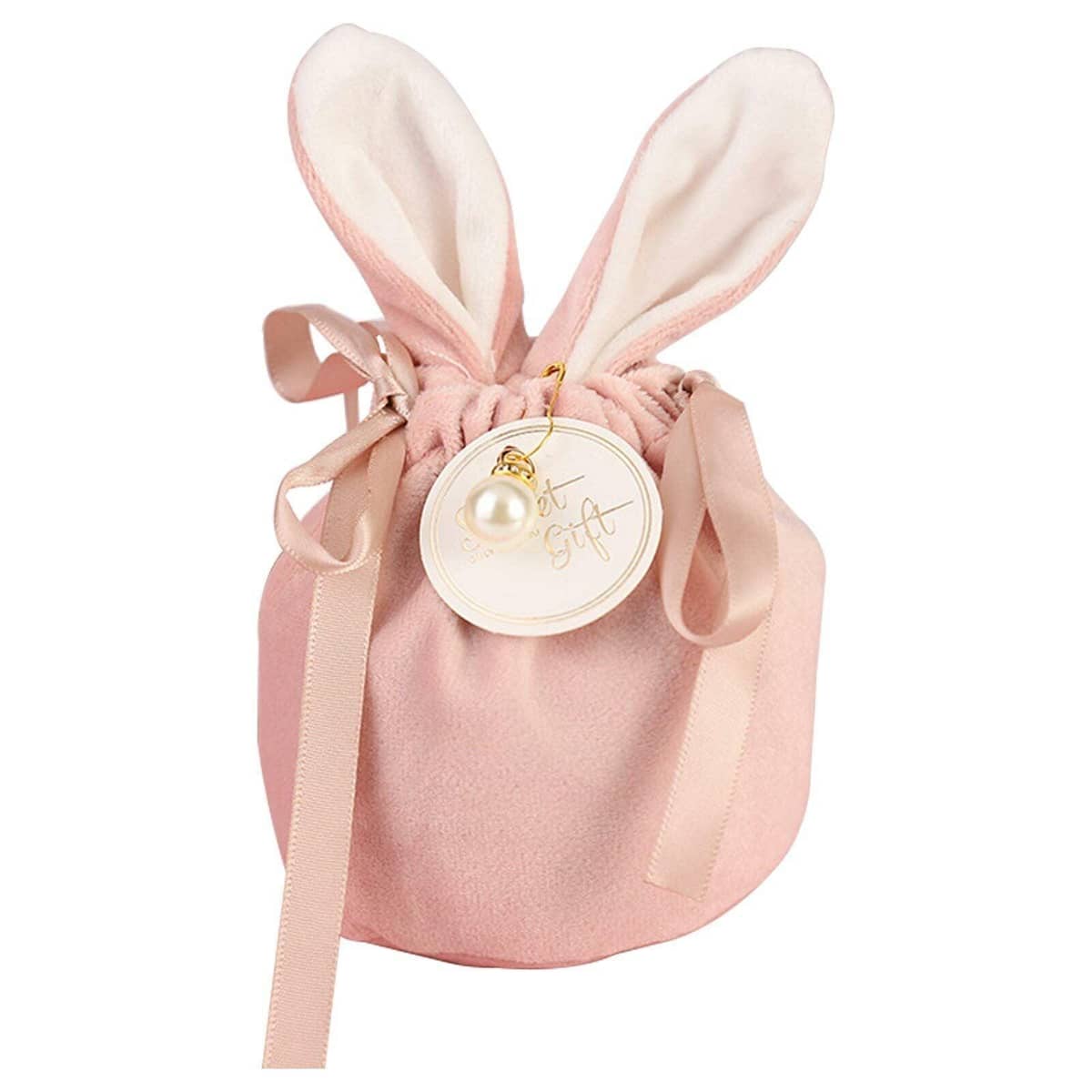 Bunny Ear Easter Candy Bag, Flannelette Gift Pouch - Pink