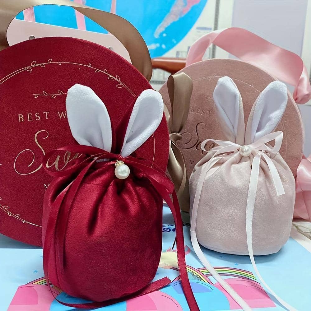 Bunny Ear Easter Candy Bag, Flannelette Gift Pouch - Pink - view 5