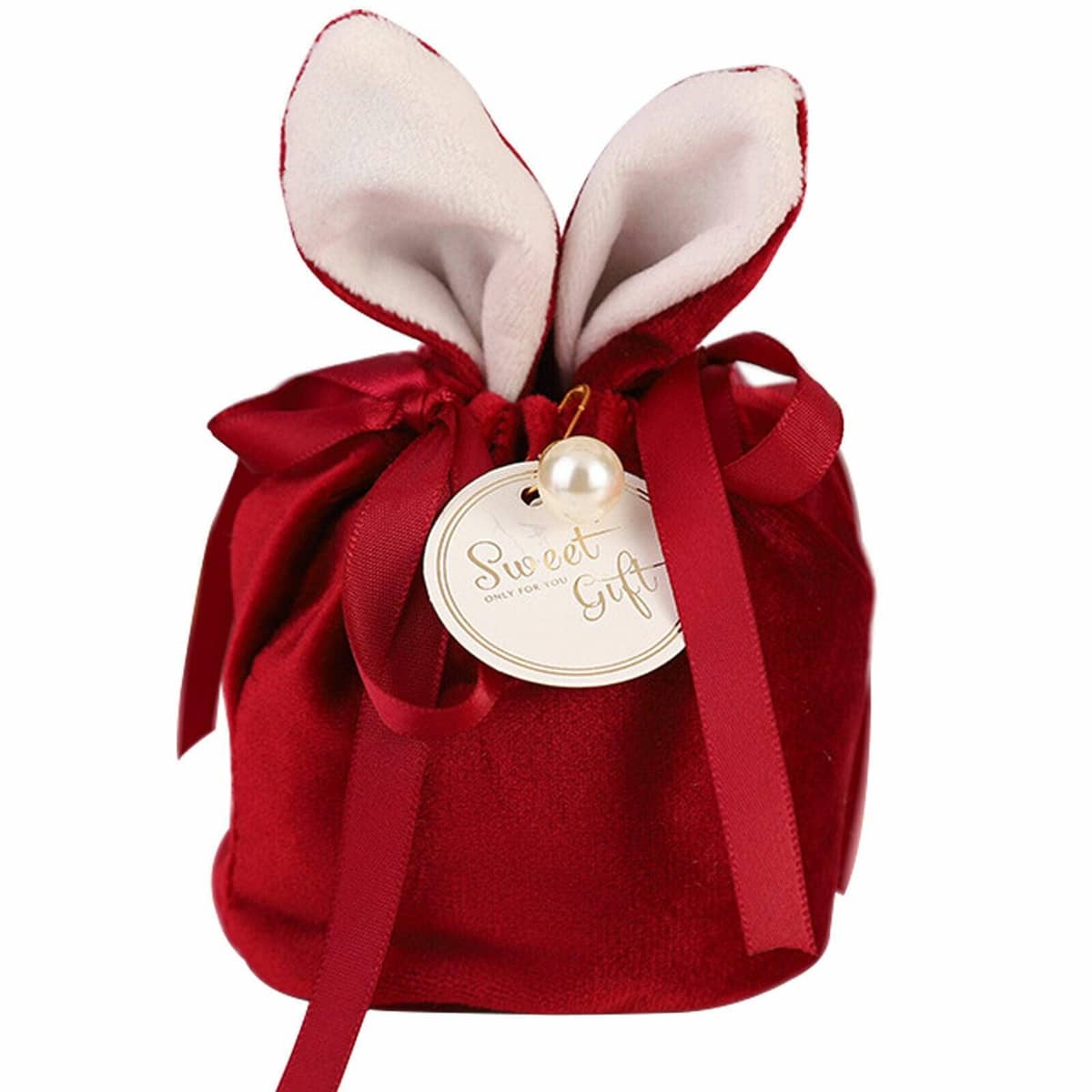 Bunny Ear Easter Candy Bag, Flannelette Gift Pouch - Wine Red