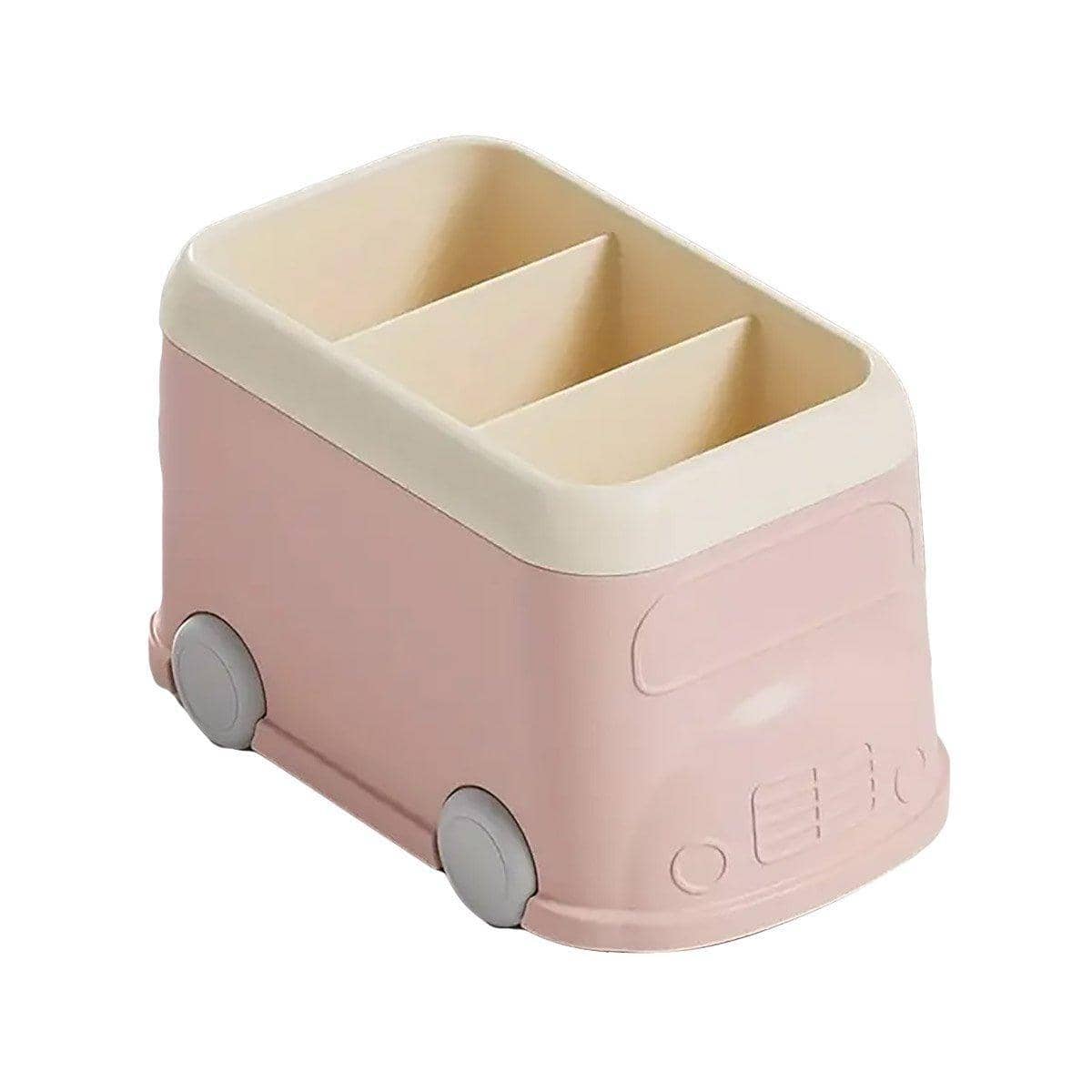 Bus Shaped Desktop Pen Holder with 3 Compartments - Pastel Pink