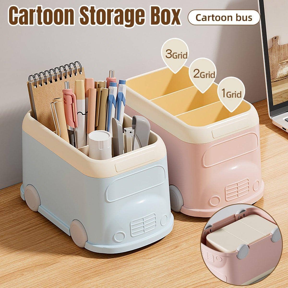 Bus Shaped Desktop Pen Holder with 3 Compartments - Pastel Pink - view 2