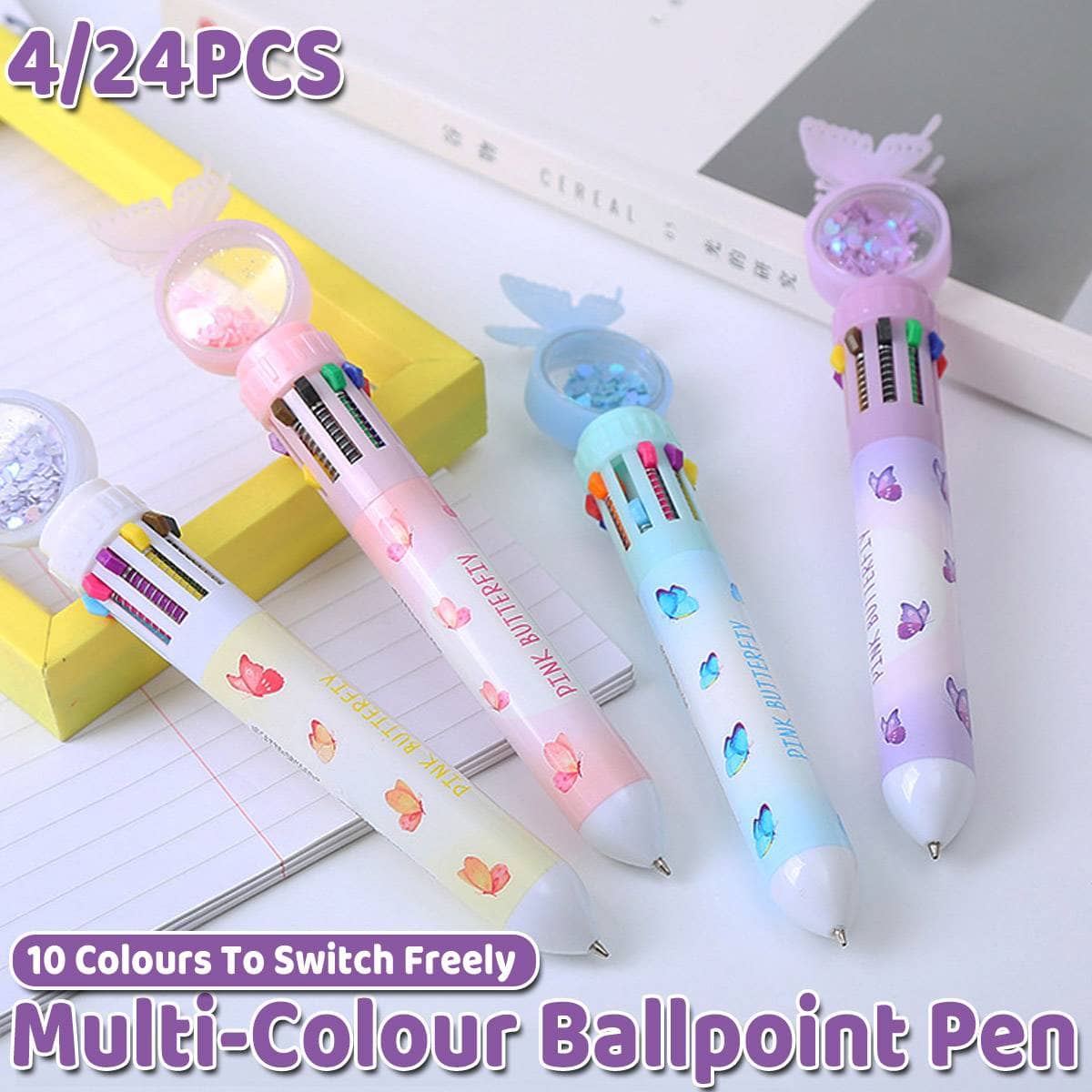 Butterfly 10 Colour Press Ballpoint Pens 0.7mm - Pack of 4 - view 2