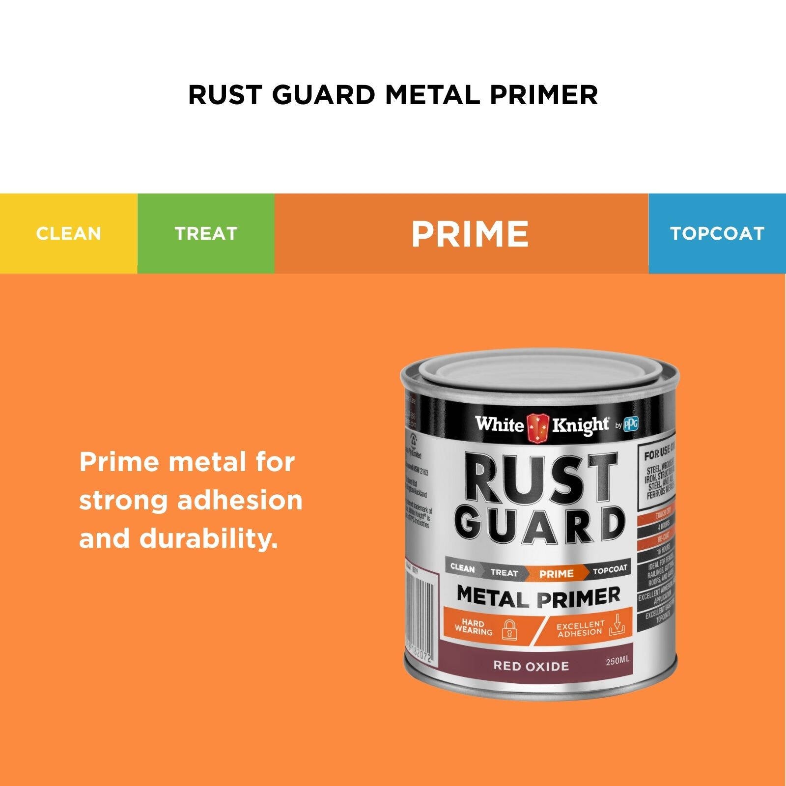 White Knight Rust Guard 250ml Red Oxide Metal Primer Paint, Solvent-Based Anti-Corrosive Undercoat
