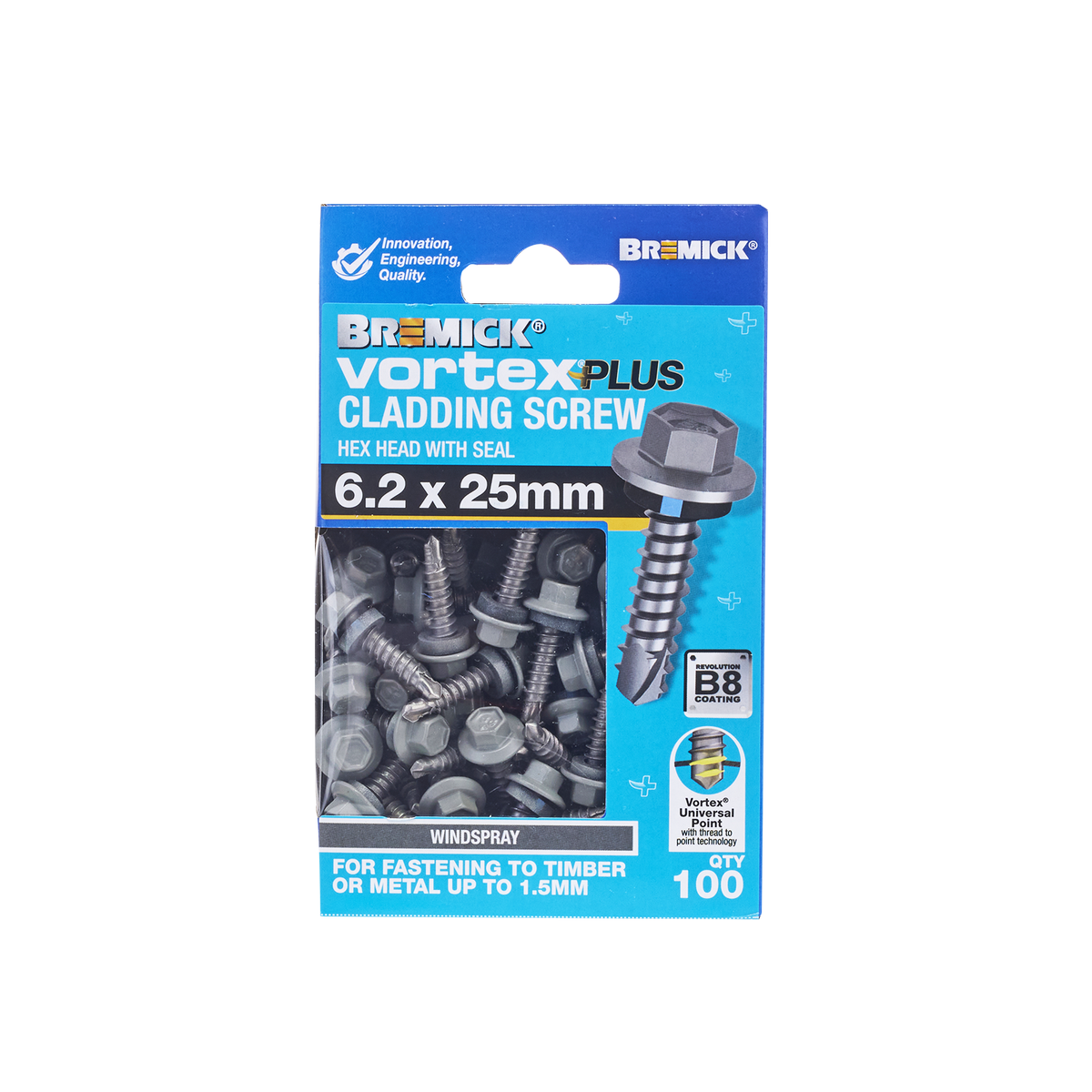 Bremick Vortex Plus Cladding Screw 6.2 x 25mm - Hex Head - Box of 100 - B8 Coating - Watertight Connection - SuperSaverAU - view 2
