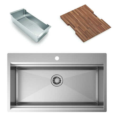 Artinox Layer BRP74 dual level workstation sink with colander and Tasmanian Oak board - BRP74PK