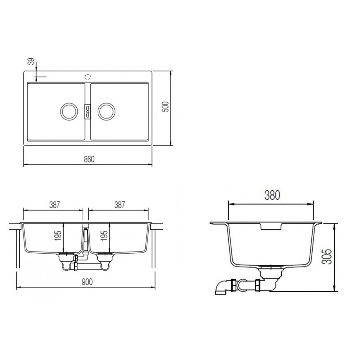 Abey Schock Horizont Double Bowl Topmount Sink - Polaris White Cristadur - 2 x 20L Bowls - N200W