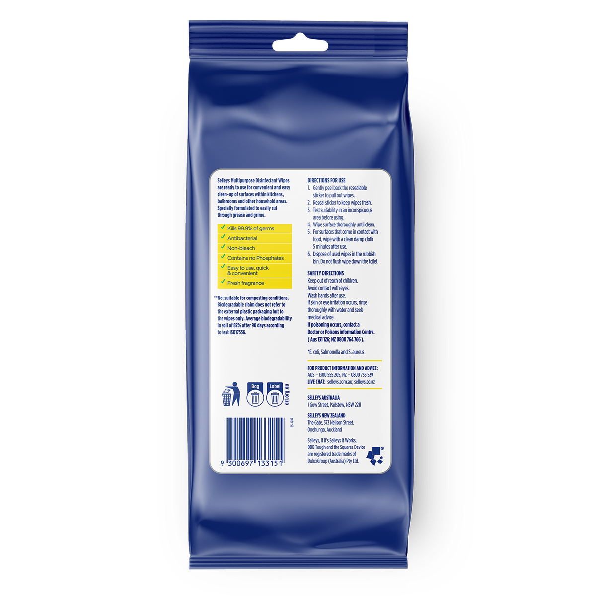 Selleys Complete Clean Biodegradable Disinfectant Wipes 110 Pack - 85mm x 190mm - Antibacterial - SuperSaverAU - view 2