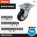 Move It 100mm Black Rubber Swivel Plate Castor, Indoor, 70kg