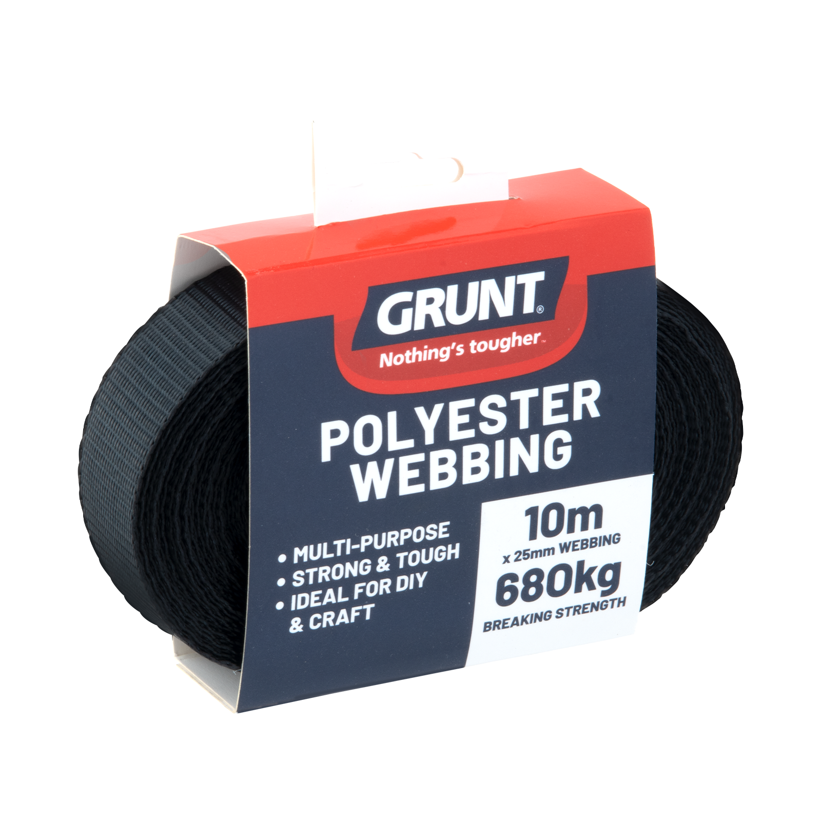 Grunt 25mm x 10m Black Polyester Poly Webbing