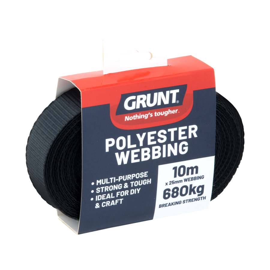 Grunt 25mm x 10m Black Polyester Poly Webbing