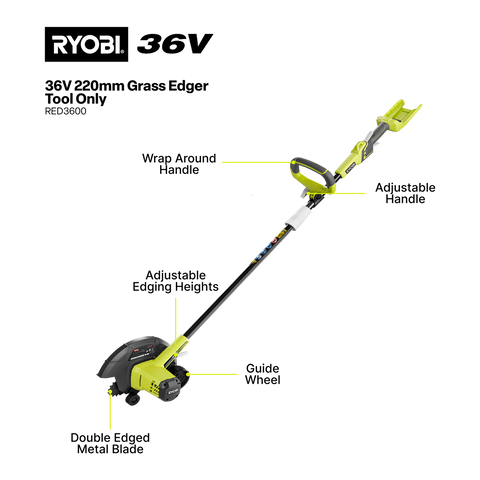 Ryobi 36V Cordless 220mm Lawn Edger, 40mm Cut Depth, Skin Only RED3600