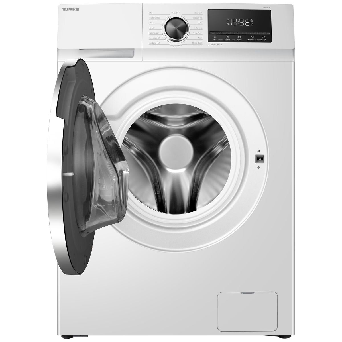 Telefunken 8.5kg Front Load Washing Machine with Steam - White, 1400rpm Spin, 5 Star Energy - TF850AUFL8