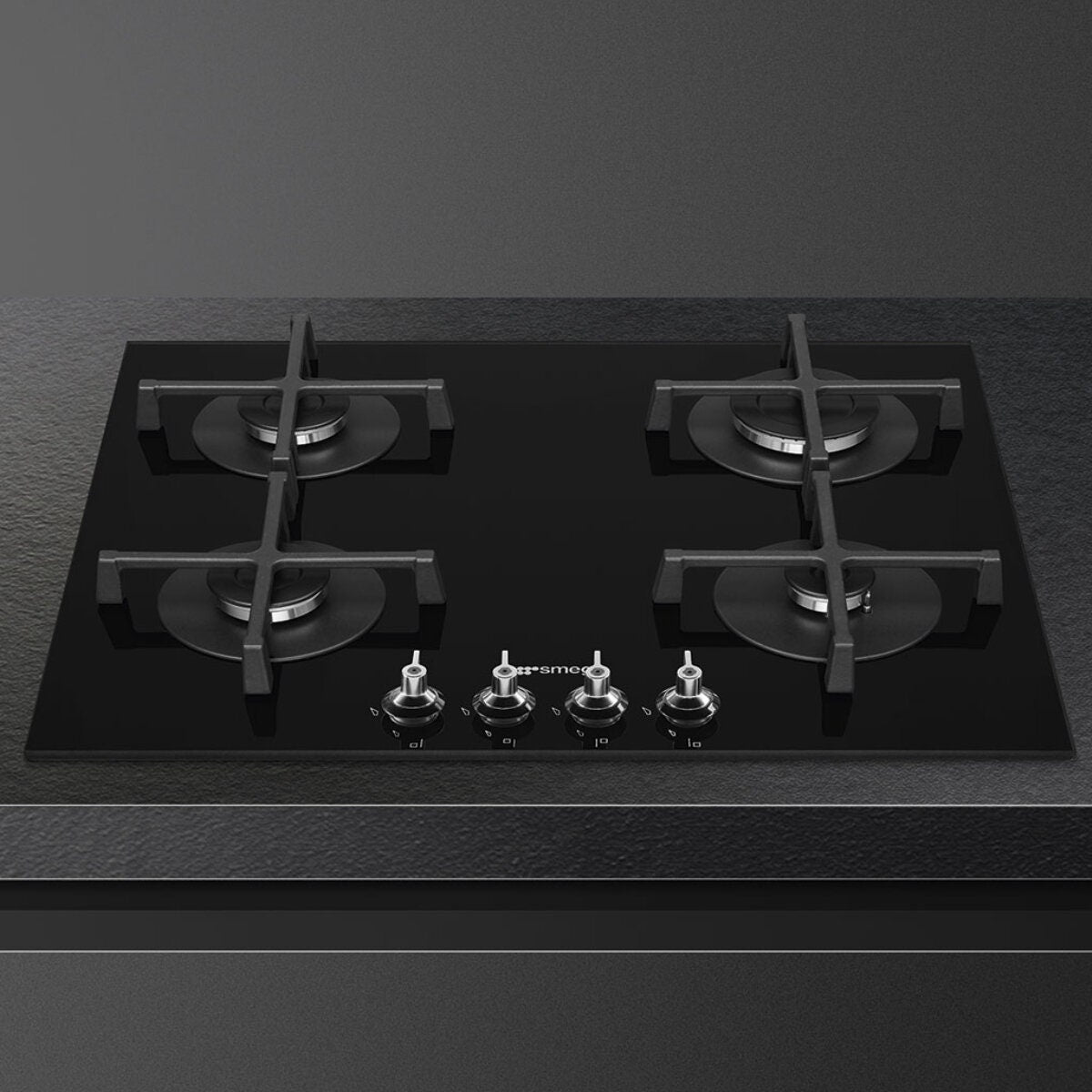 Smeg 60cm 4 Burner Gas on Glass Cooktop - Black Tempered Glass - Wok Burner - PV364NAU
