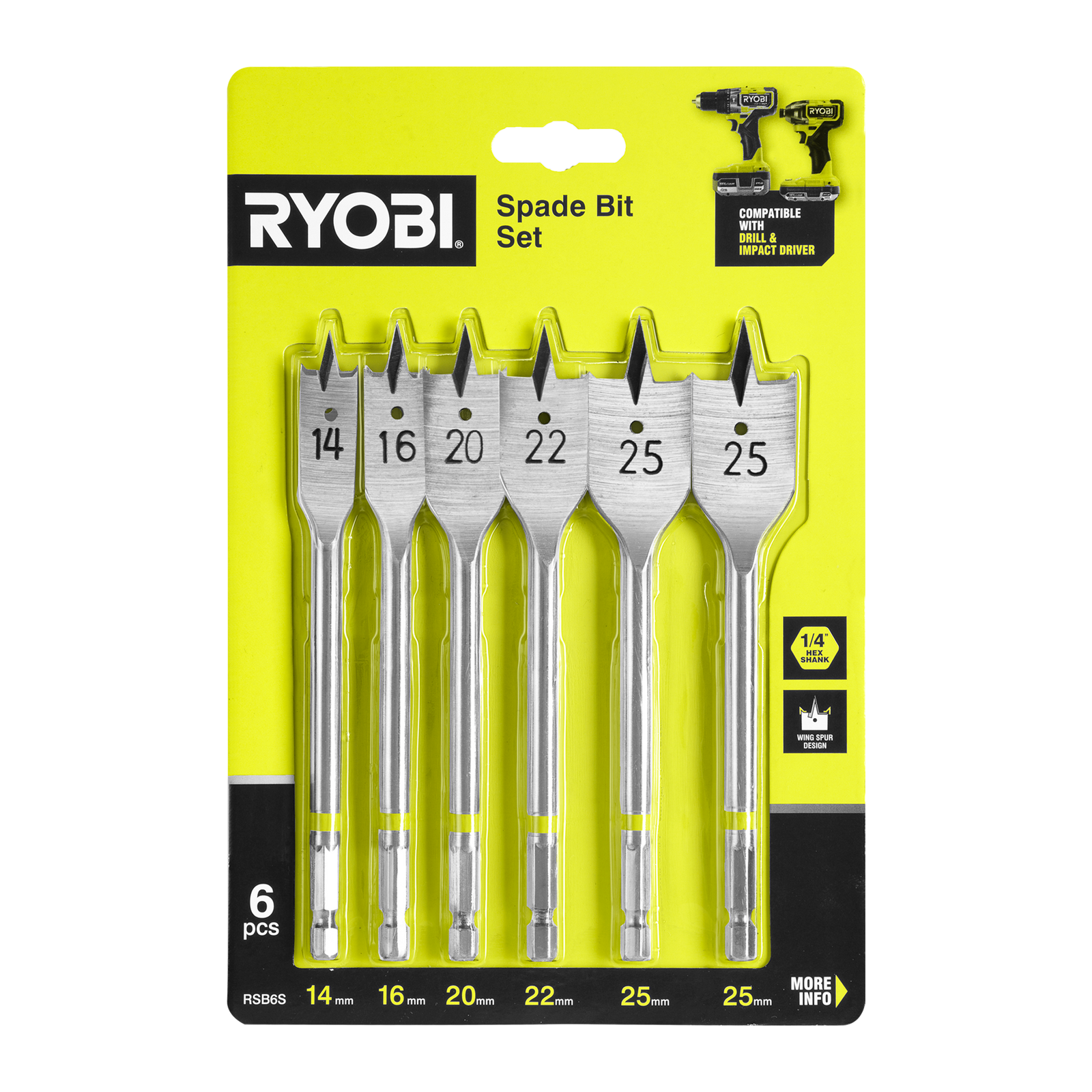 Ryobi 6 Piece Spade Bit Set - Wing Spur for Fast Timber Holes