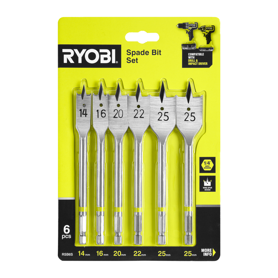 Ryobi 6 Piece Spade Bit Set - Wing Spur for Fast Timber Holes