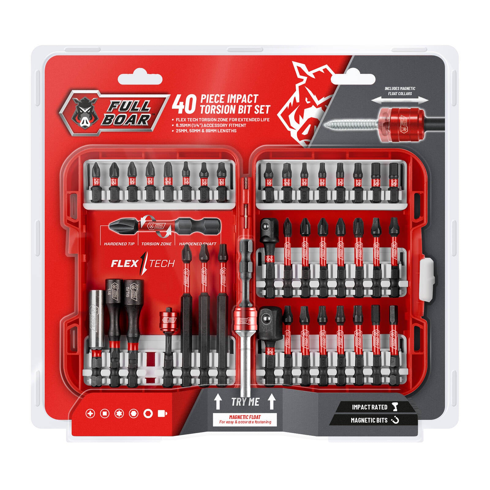 Full Boar 40 Piece Impact Torsion Bit Set 6.35mm