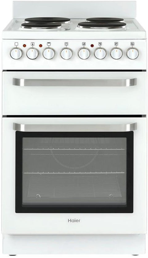Haier 54cm White Freestanding Electric Oven - 60L Oven, 4 Solid Hotplates, Separate Grill - HOR54B5MCW1