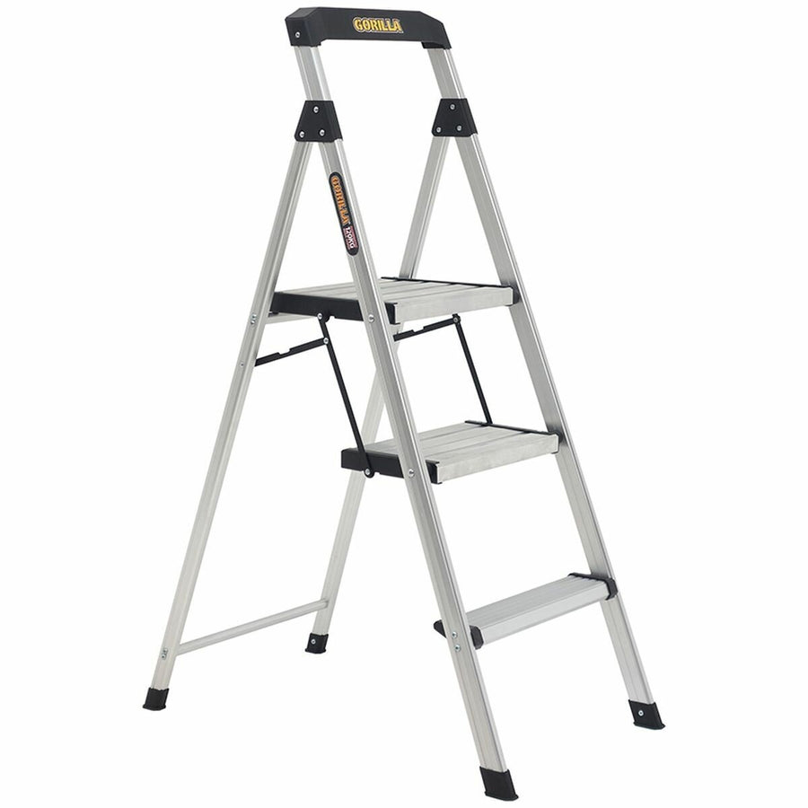 Gorilla Three Step Ladder with Tool Tray - Lightweight Aluminium, Compact Folding, 120kg Max Load - GOR-3TT