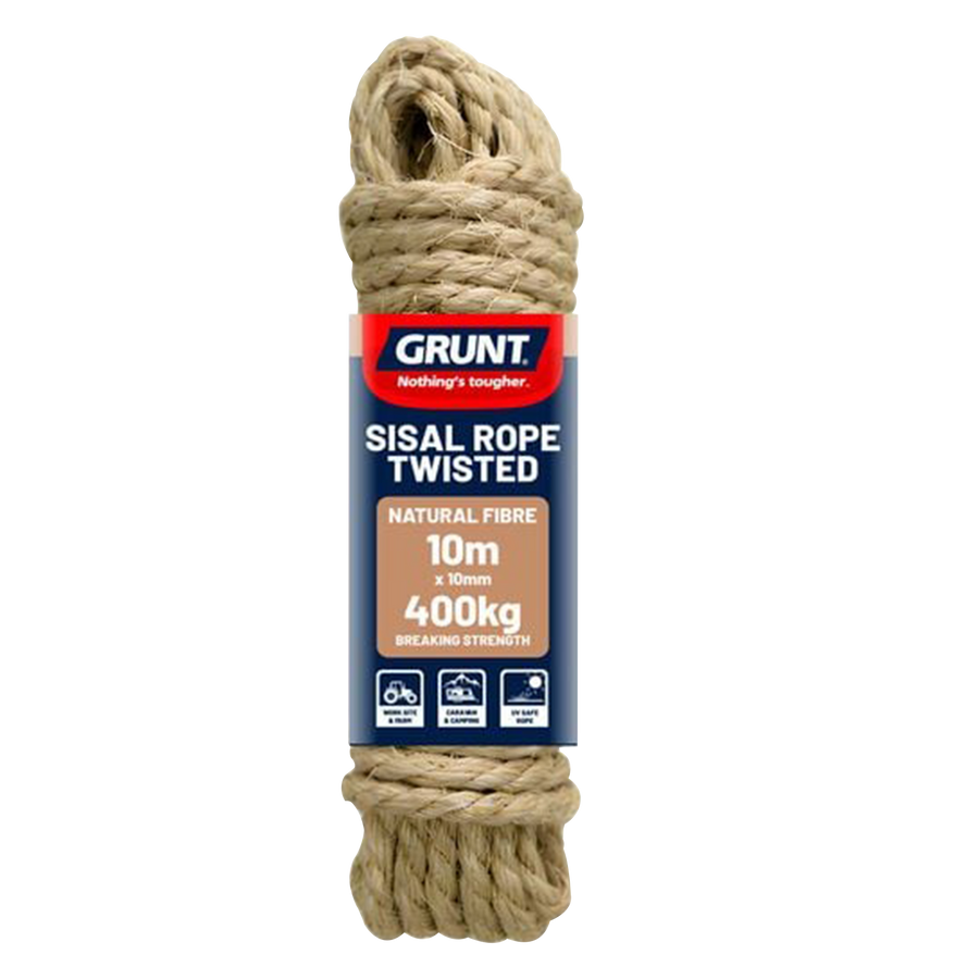 Grunt 10mm x 10m Sisal Twisted Rope, Natural Fibre, 400kg Break Strength, Weather Resistant