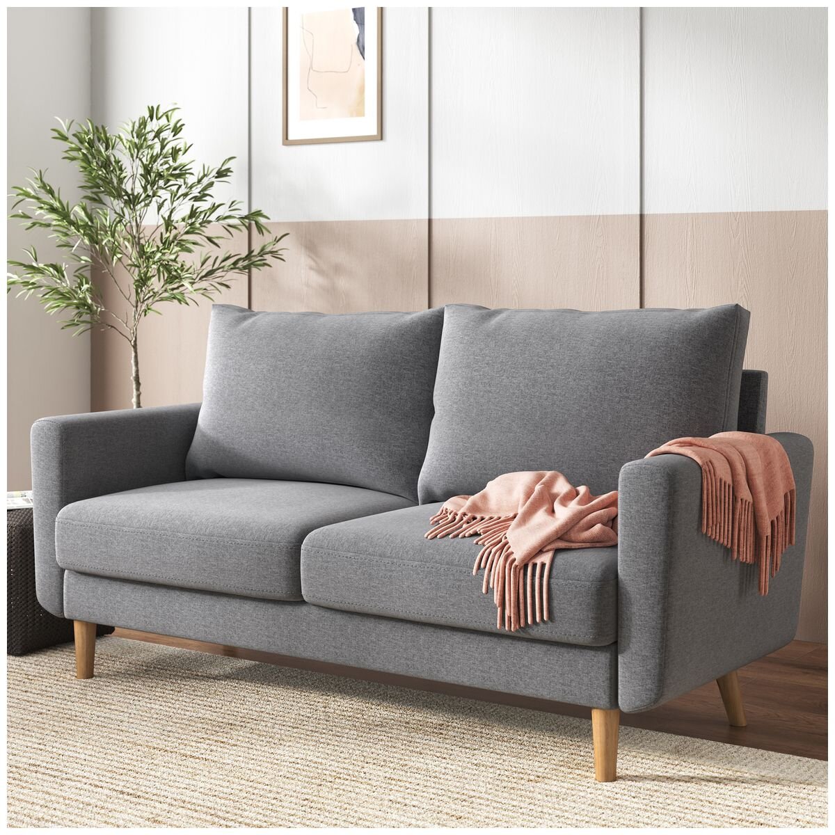 Zinus York 2 seater fabric sofa - grey, pine wood frame, rubber wood legs - AU-USSTD2ZC-59G