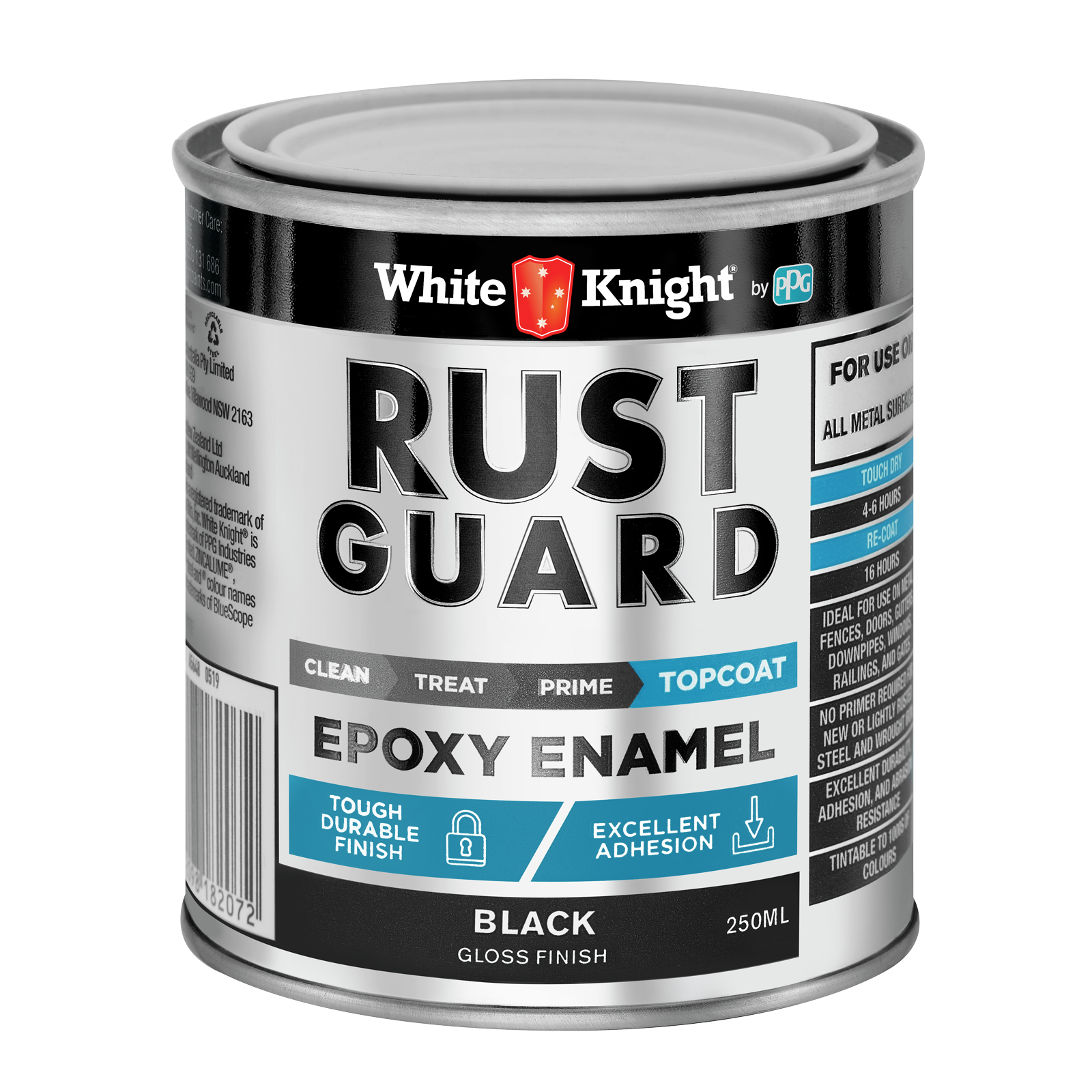 White Knight Rust Guard 250ml Black Gloss Epoxy Enamel Metal Paint
