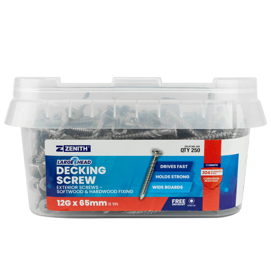 Zenith Large Head Decking Screw T25 12G x 65mm SS304 Stainless, 250 Pack
