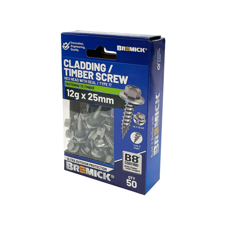 Bremick 12g x 25mm B8 Hex Cladding Screw - 50 Pack - High Corrosion Resistance - SuperSaverAU - view 1