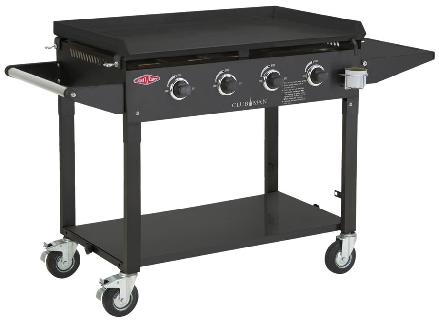 Beefeater Clubman 4 Burner Flat Top LPG BBQ - 5mm Hotplate - Rotary Knob Controls - Locking Wheels - BD16640