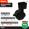 Move It 50mm Nylon Twin Wheel Swivel Castor with Brake & U Bracket, 34kg, Black - 2 Pack