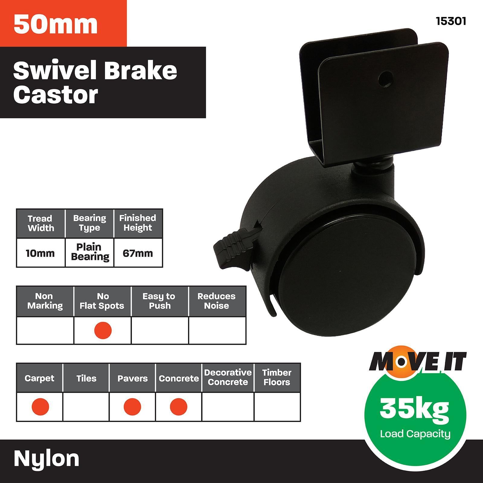 Move It 50mm Nylon Twin Wheel Swivel Castor with Brake & U Bracket, 34kg, Black - 2 Pack