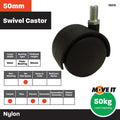 Move It 50mm 3/8" Threaded Hooded Furniture Castor, Nylon Twin Wheel Swivel, 50kg - 2 Pack