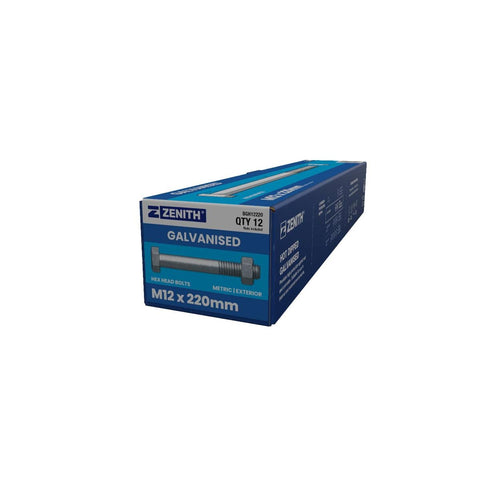 Zenith Hot Dip Galvanised Hex Head Bolts M12 x 220mm 12 Pack - SuperSaverAU - view 1