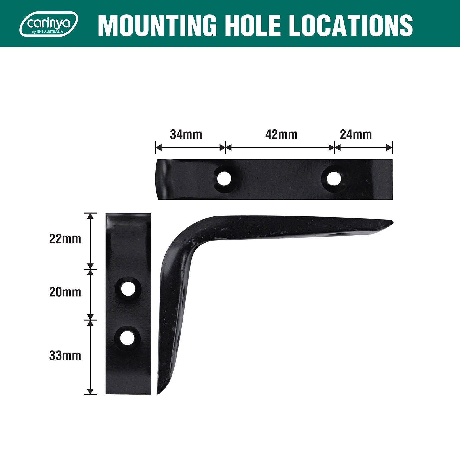 Carinya 100 x 75mm Black Powder Coated Steel Angle Bracket, 50kg, Wall Mount