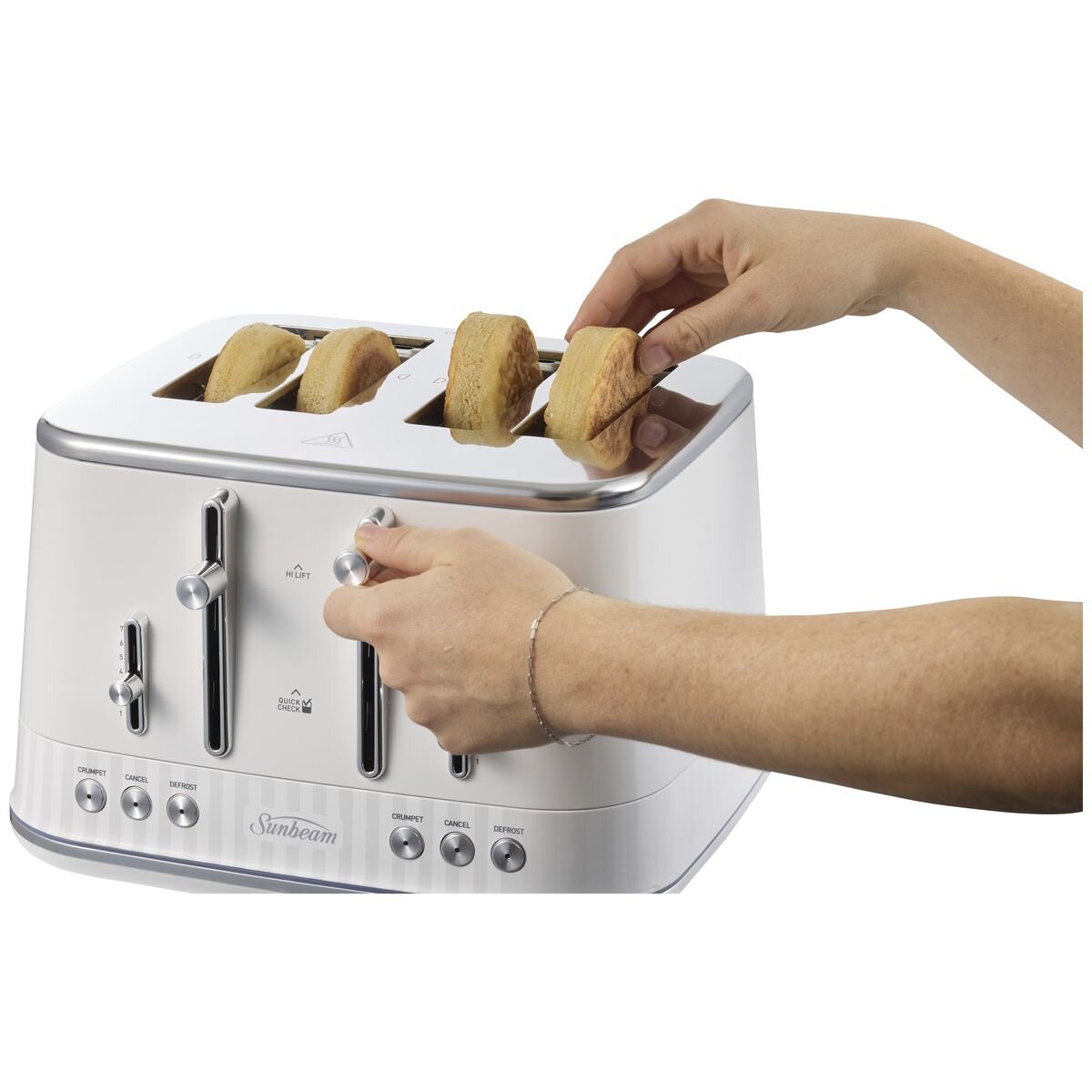 Sunbeam 4 slice toaster - white with silver accents, seven browning levels, high lift lever - TAM8104WH