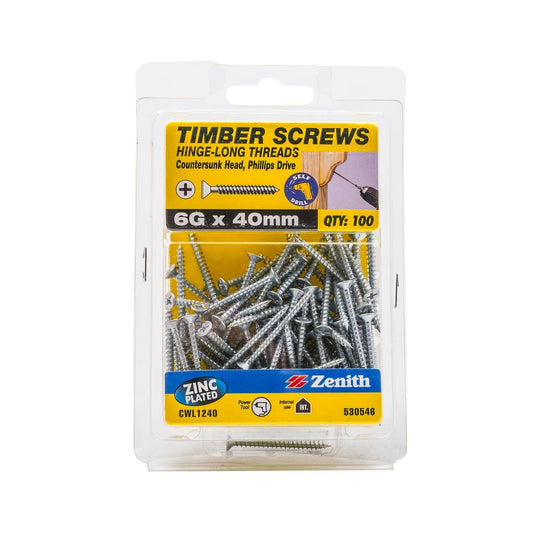 Zenith Timber Screws - 6g x 40mm - Zinc Plated - Countersunk Head - 100 Pack