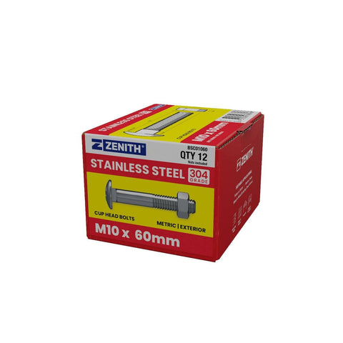 Zenith Stainless Steel 304 Grade Cup Head Bolts M10 x 60mm 12 Pack - SuperSaverAU - view 1