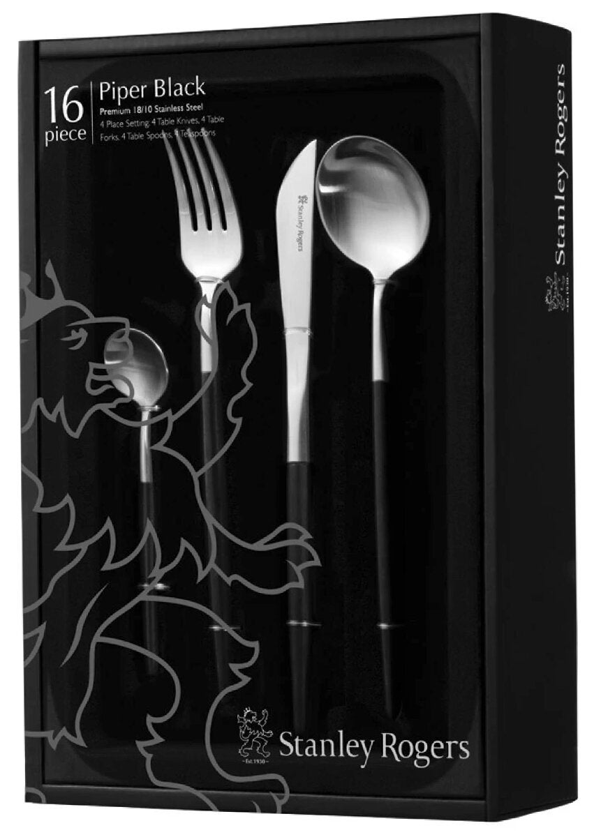 Stanley Rogers Piper Black 16 Piece Cutlery Set - Satin-Brushed Heads on Stainless Steel - 50753