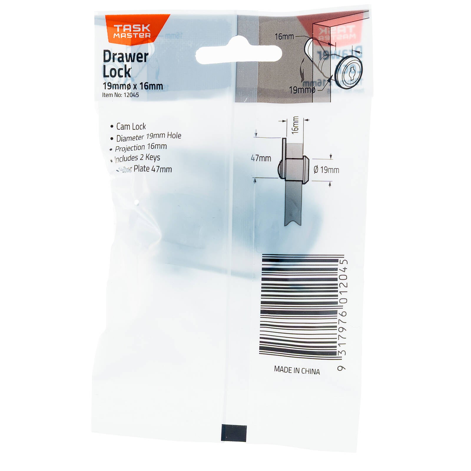 Taskmaster 19 x 16mm Drawer Lock with 2 Keys Cabinet Furniture Security