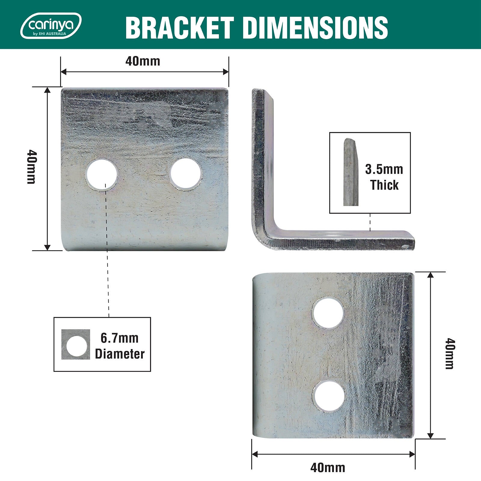 Carinya 40 x 40 x 40 x 3.5mm Zinc Plated Steel Reinforcing Angle Bracket - 4 Pack, 150kg