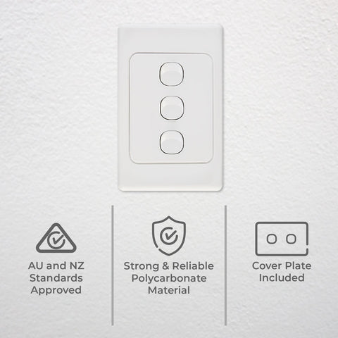 DETA Triple Vertical Switch 3 Gang 10A 240V Polycarbonate White 6103VB