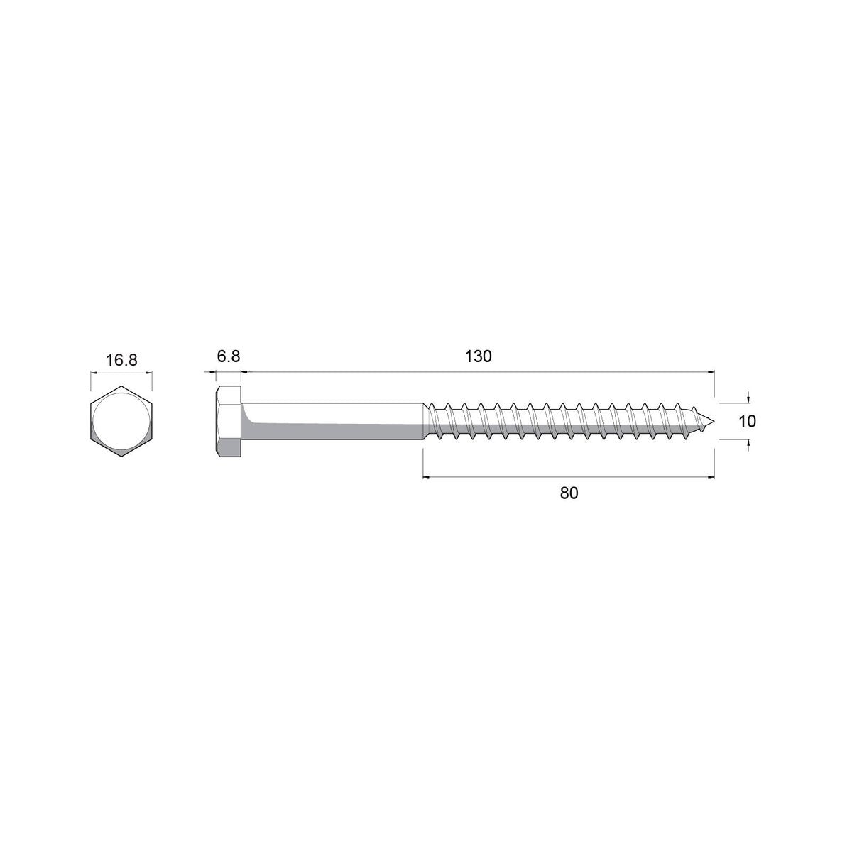 Zenith Hex Head Coach Screws M10 x 130mm Stainless Steel 12 Pack - SuperSaverAU - view 3