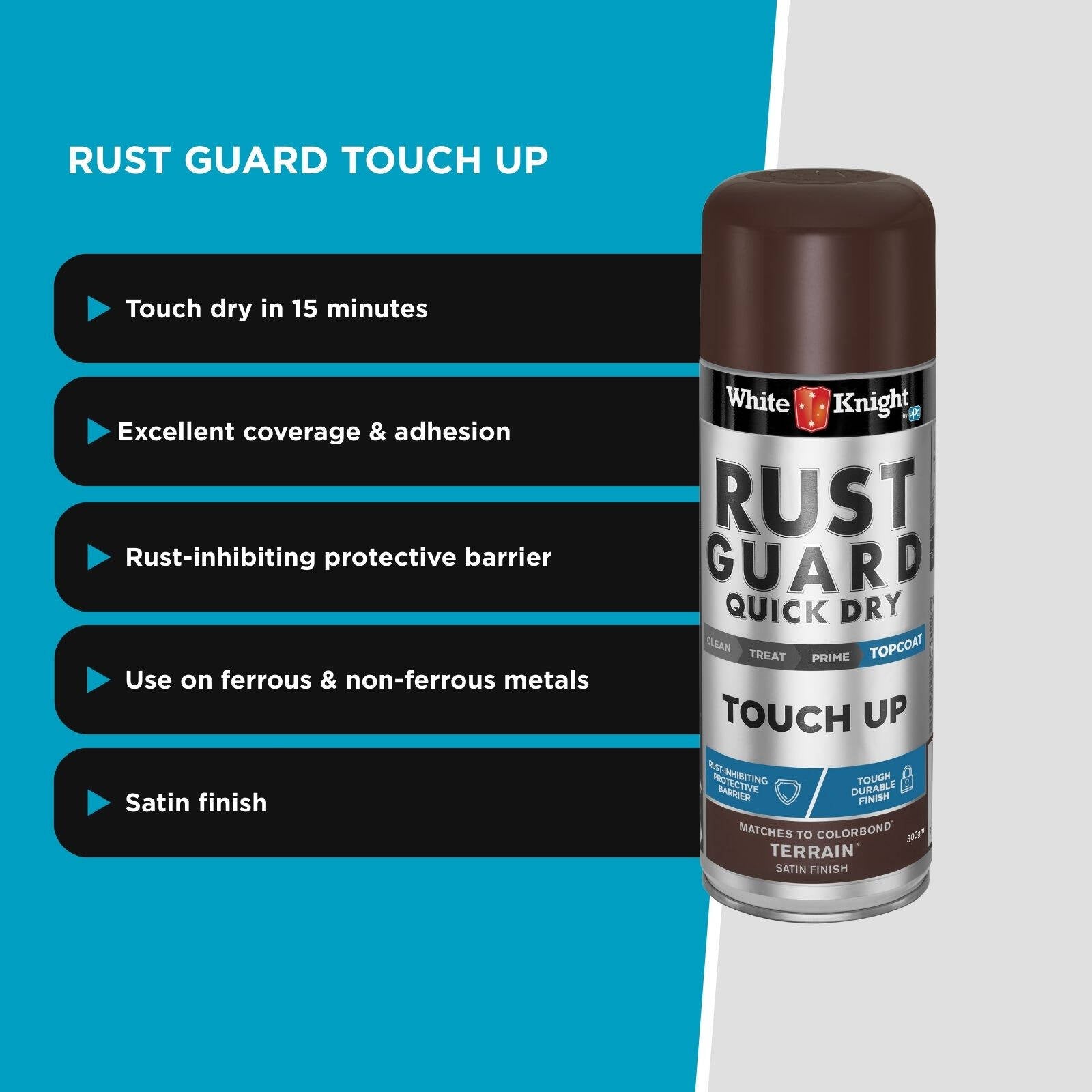 White Knight Rust Guard Touch Up Spray Paint Terrain Satin 300g - For COLORBOND & Metal