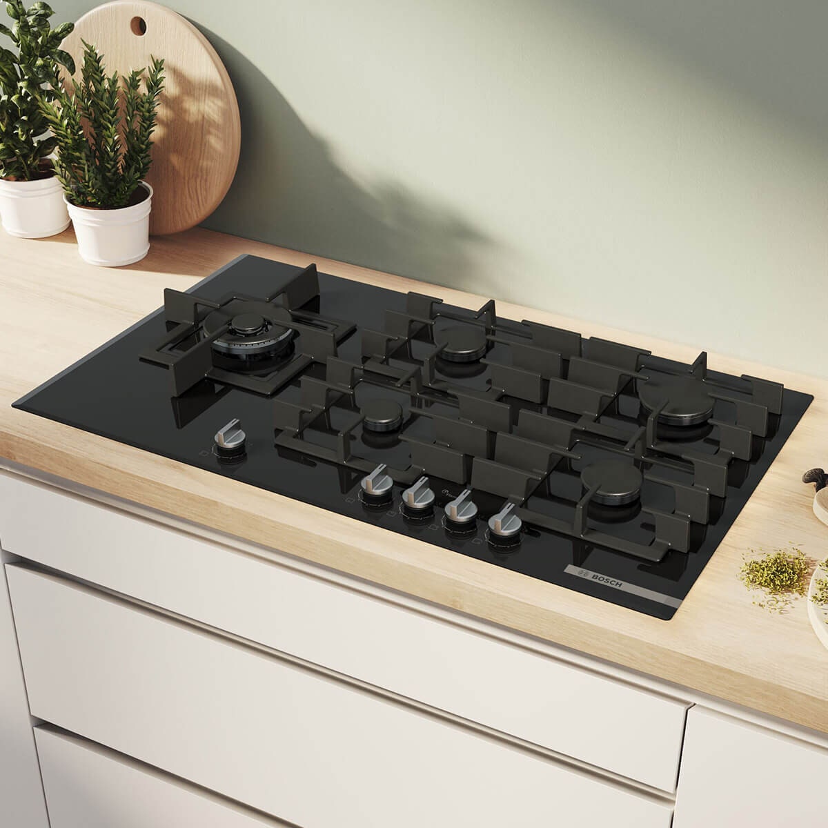 Bosch 90cm Series 6 Gas Cooktop - Black Tempered Glass, Five Burners, FlameSelect, Wok Burner - PPM9A6I40A